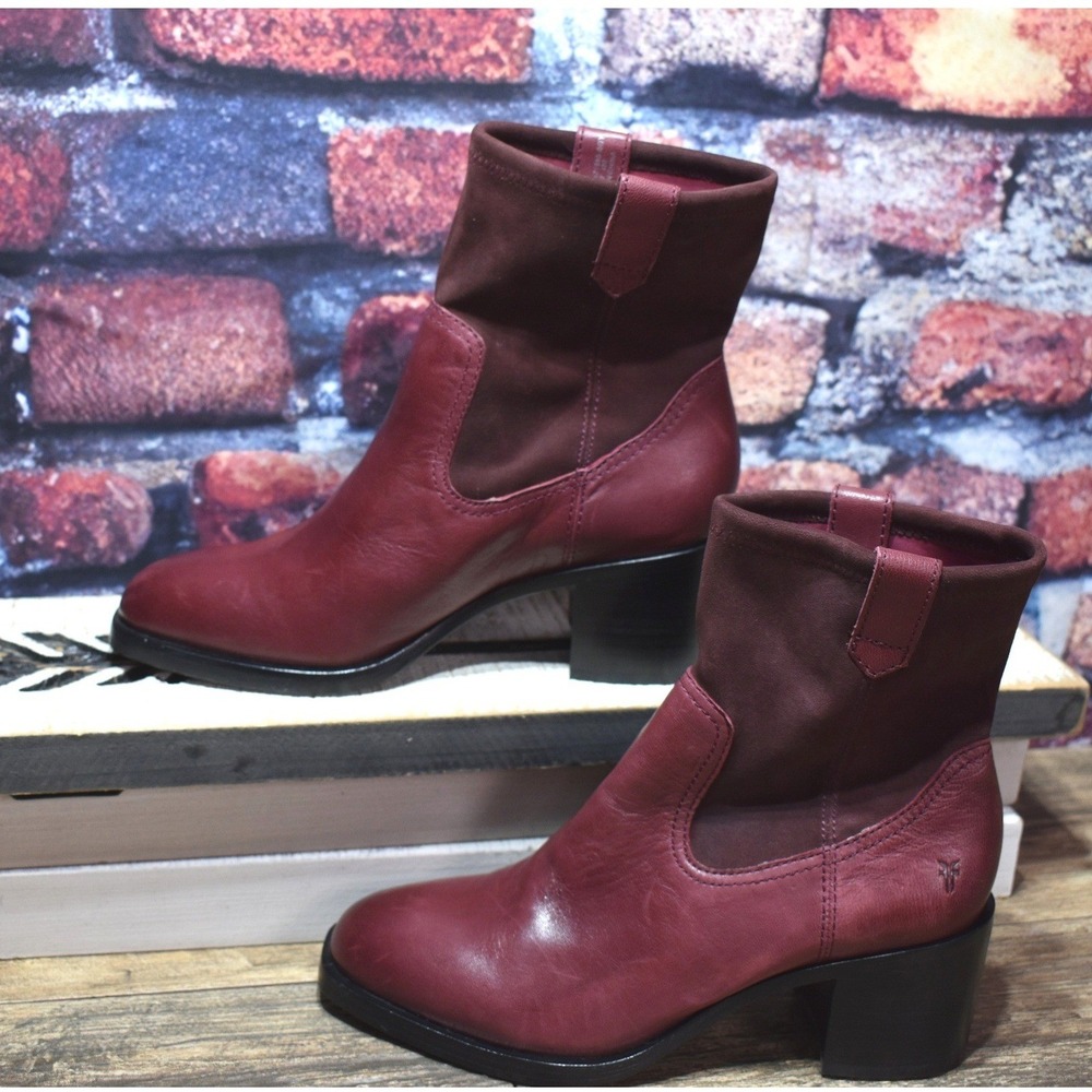 Frye Sabrina Burgundy Leather Sock Booties Block Heel Ankle Boots 6.5M 3471965
